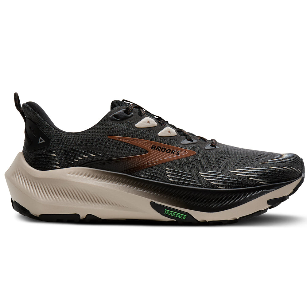 Side view on white background of Mens Brooks Ghost running shoe in Ebony/Black/Clove, Medium (Regular) width