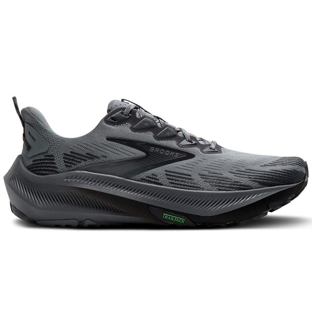 Side view on white background of Mens Brooks Ghost Trail running shoe in Gray/Gray/Blackened Pearl, Medium (Regular) width