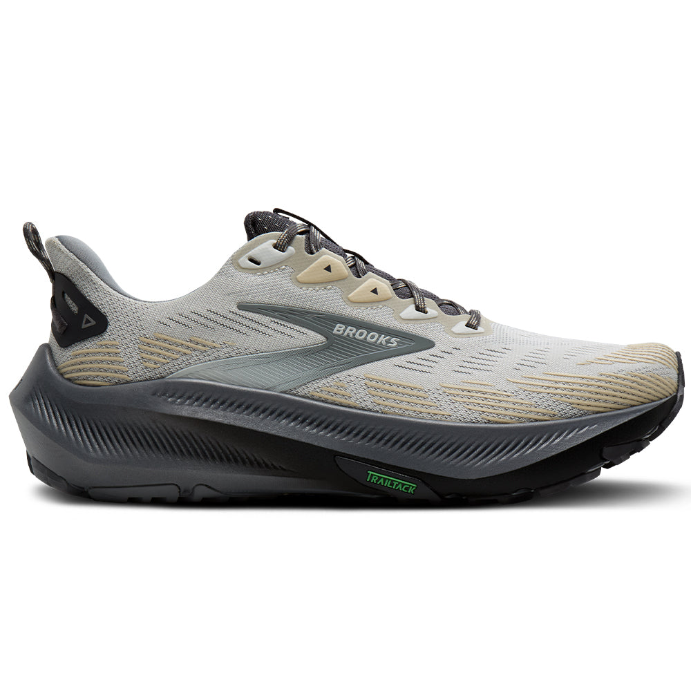 Side view on white background of Mens Brooks Ghost running shoe in Gray/Gray/Bleached Sand, Medium (Regular) width