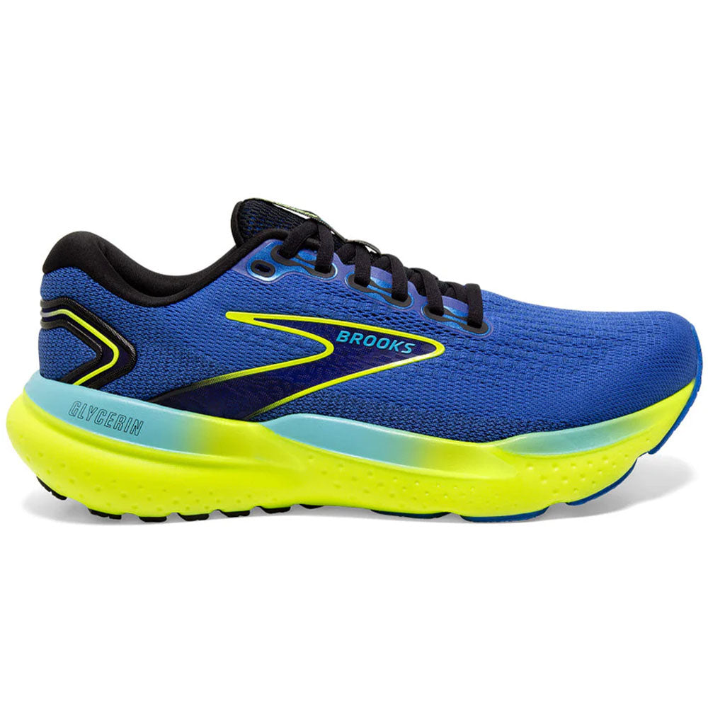Side view on white background of Mens Brooks Glycerin running shoe in Blue/Nightlife/Black, Medium (Regular) width