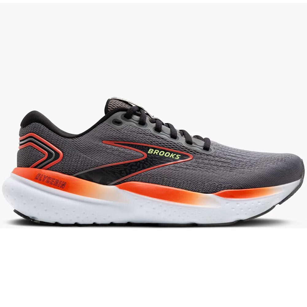 Side view on white background of Mens Brooks Glycerin running shoe in Grey/Mandarin Red/Green, Medium (Regular) width