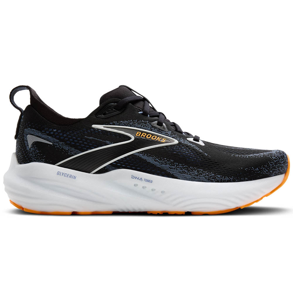 Side view on white background of Mens Brooks Glycerin 22 running shoe in Black/Country Blue/Orange Pop, Wide width