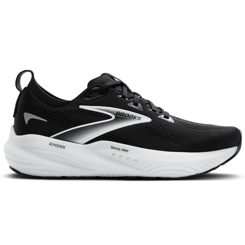Side view on white background of Mens Brooks Glycerin running shoe in Black/Grey/White, Medium (Regular) width