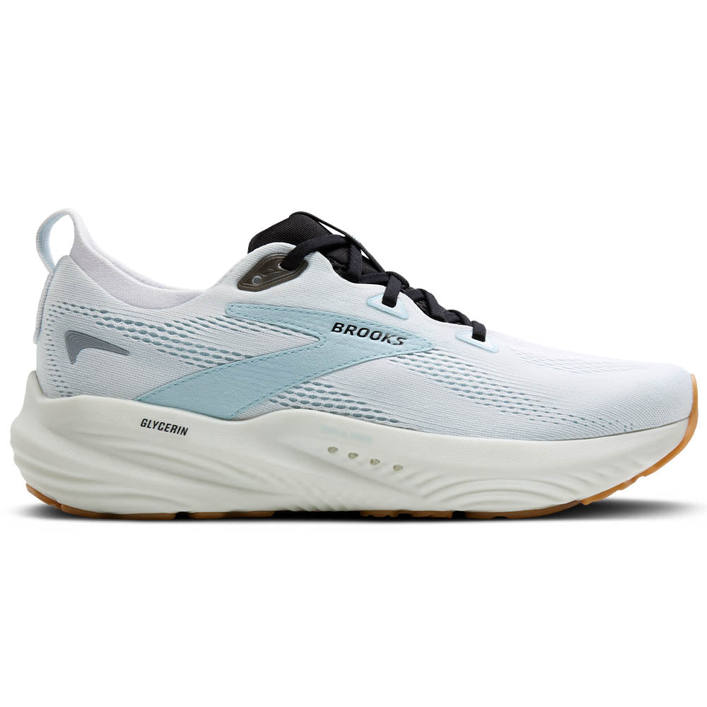 Side view on white background of Mens Brooks Glycerin 22 running shoe in Bright White/Winter Sky/Black, Medium (Regular) width