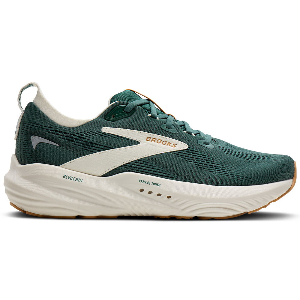 Side view on white background of Mens Brooks Glycerin running shoe in Jasper/Coconut/Taffy, Medium (Regular) width
