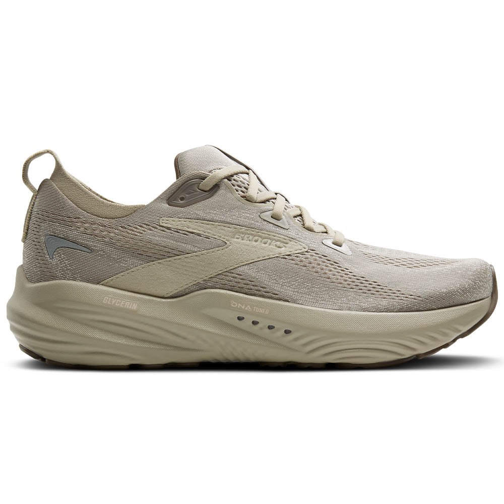 Side view on white background of Mens Brooks Glycerin running shoe in London Fog/Almond Oil/Falcon, Medium (Regular) width