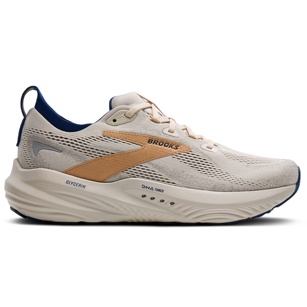 Side view on white background of Mens Brooks Glycerin running shoe in Moonbeam/Blue/Taffy, Medium (Regular) width