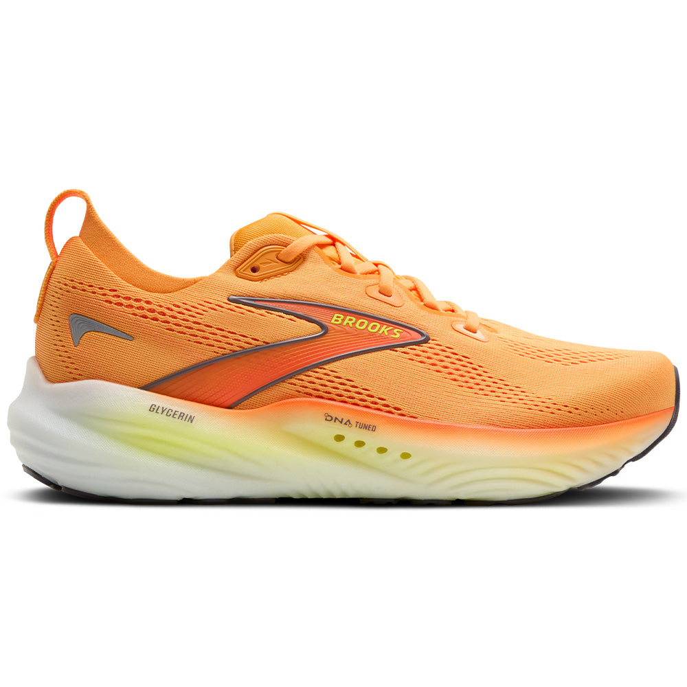 Side view on white background of Mens Brooks Glycerin running shoe in Orange/Nightlife/White, Medium (Regular) width