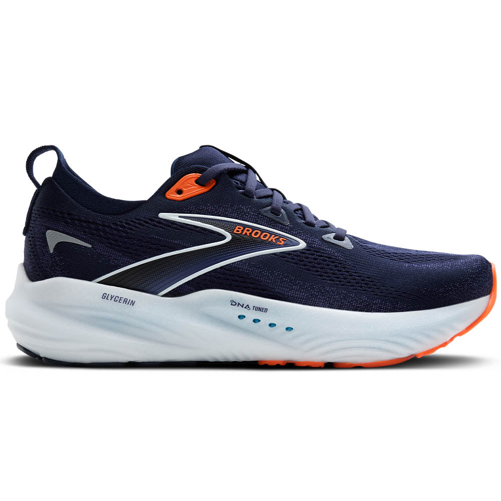 Side view on white background of Mens Brooks Glycerin running shoe in Peacoat/Blue Ribbon/Orange, Medium (Regular) width