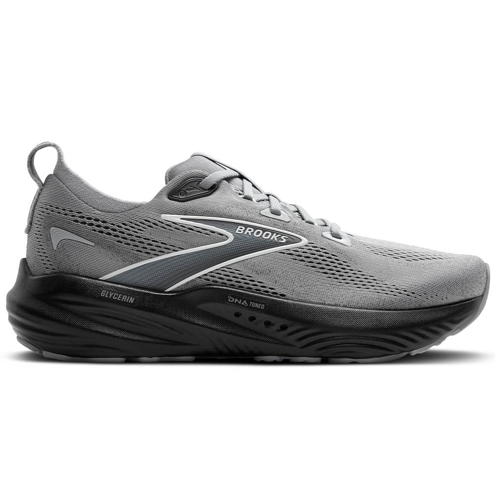 Side view on white background of Mens Brooks Glycerin running shoe in Primer Gray/Ebony/Bluewash, Extra Wide width