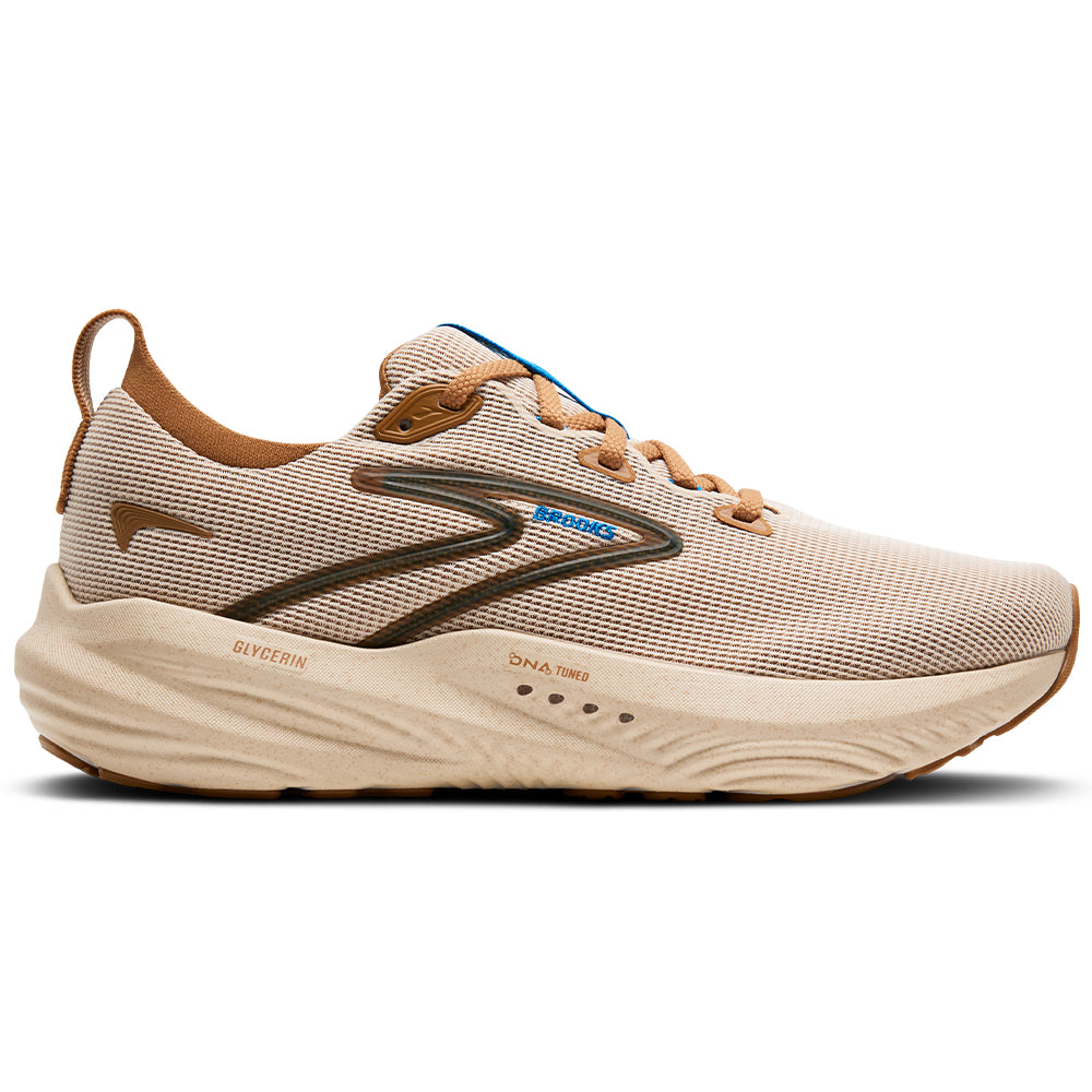 Side view on white background of Mens Brooks Glycerin running shoe in Tint/Tobacco/Indigo, Medium (Regular) width