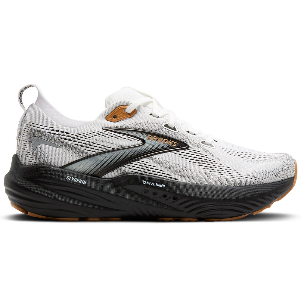 Side view on white background of Mens Brooks Glycerin running shoe in White/Grey/Black, Medium (Regular) width