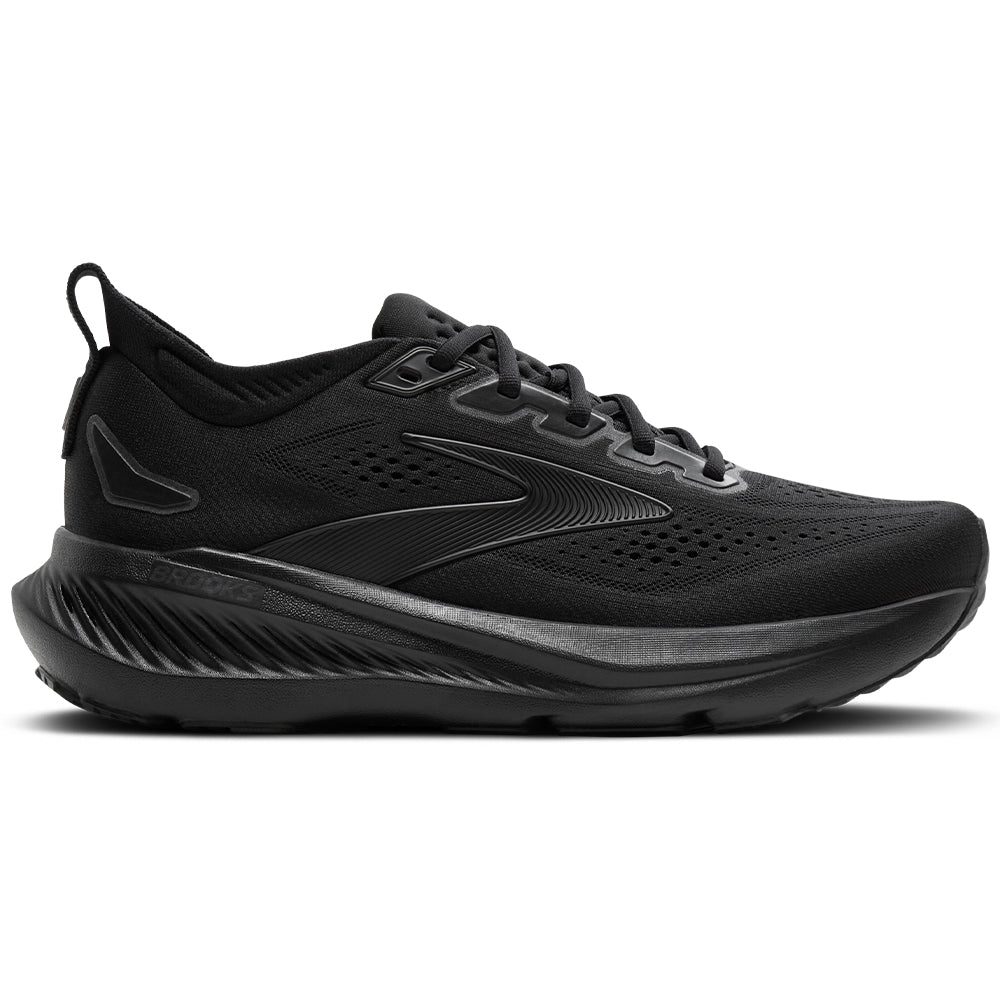 Side view on white background of Mens Brooks Glycerin running shoe in Black/Black/Ebony, Wide width
