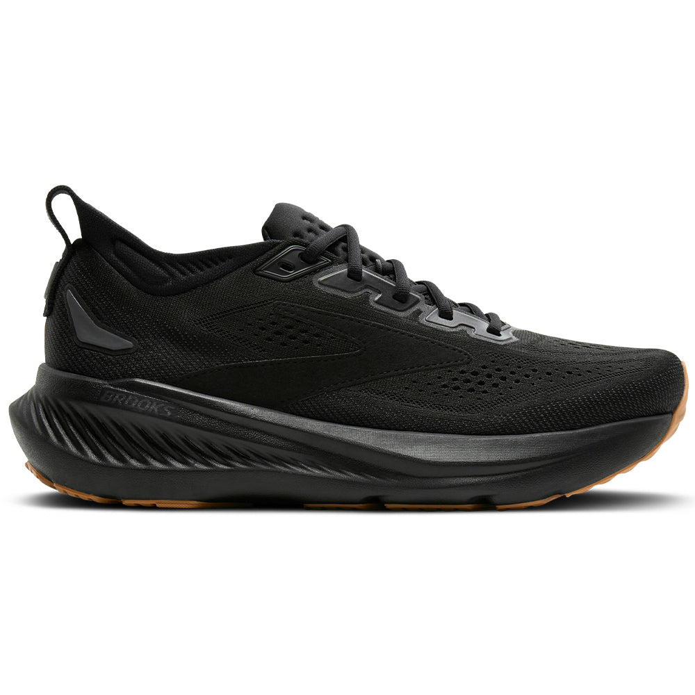Side view on white background of Mens Brooks Glycerin running shoe in Black/Ebony/Biscuit, Medium (Regular) width