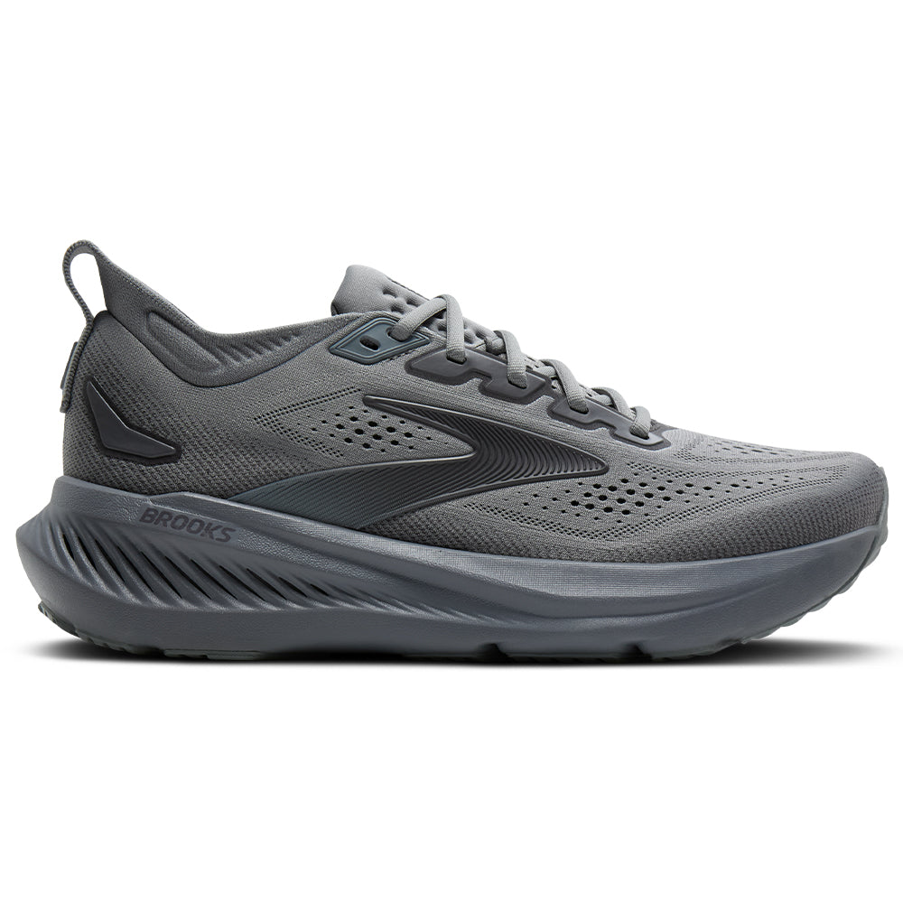 Side view on white background of Mens Brooks Glycerin running shoe in Grey/Blackened Pearl/Black, Wide width