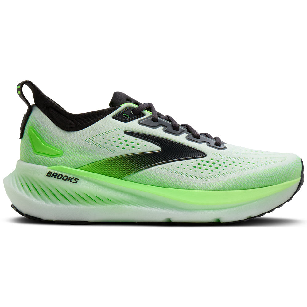 Side view on white background of Mens Brooks Glycerin running shoe in White/Phantom/Green Gecko, Medium (Regular) width