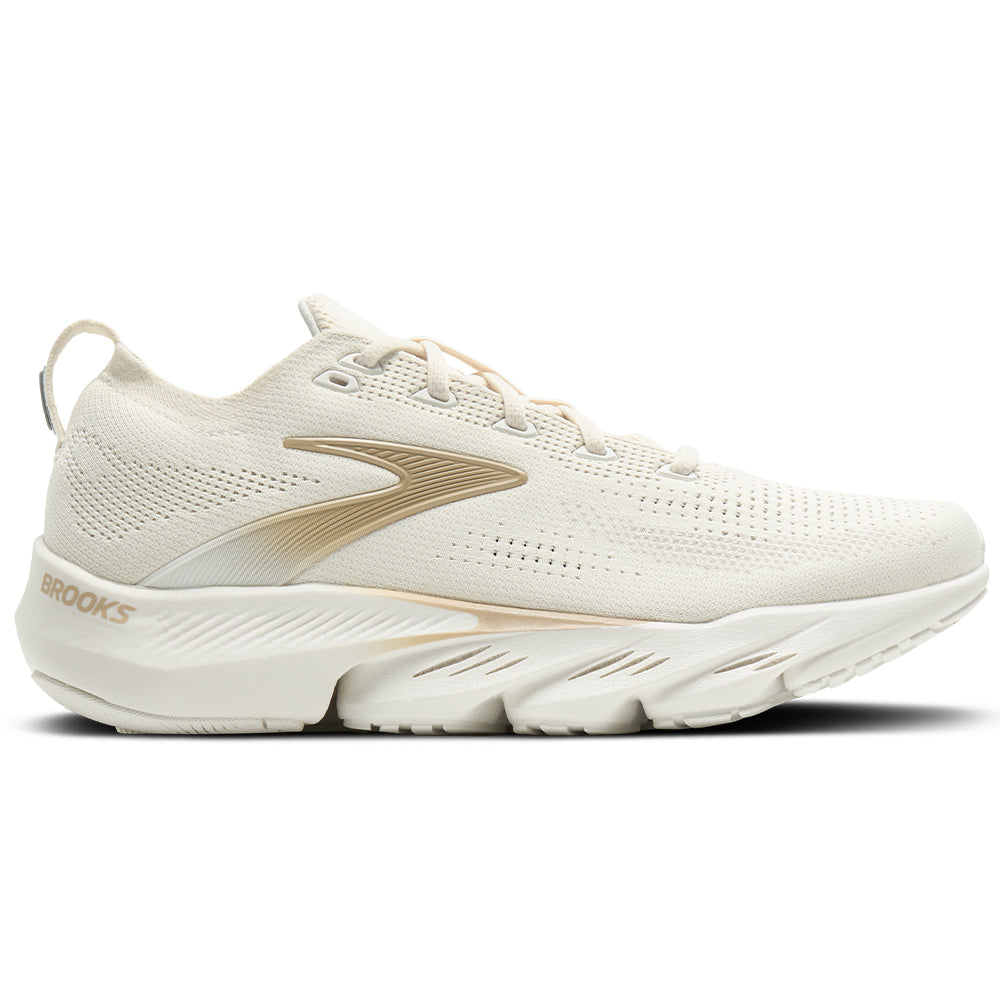 Side view on white background of Mens Brooks Glycerin running shoe in Coconut/Starfish/Chateau, Medium (Regular) width