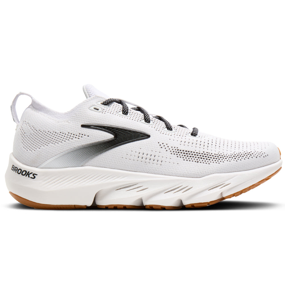 Side view on white background of Mens Brooks Glycerin running shoe in White/Black/Gum, Medium (Regular) width