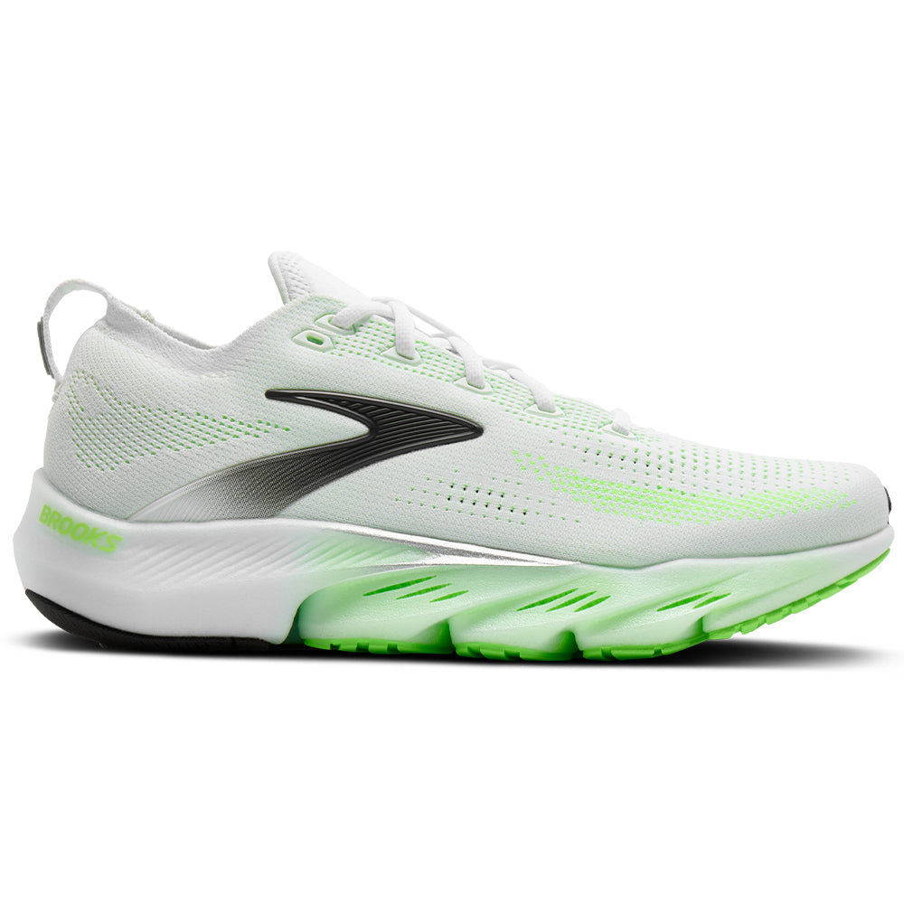 Side view on white background of Mens Brooks Glycerin running shoe in White/Green Gecko/Phantom, Medium (Regular) width