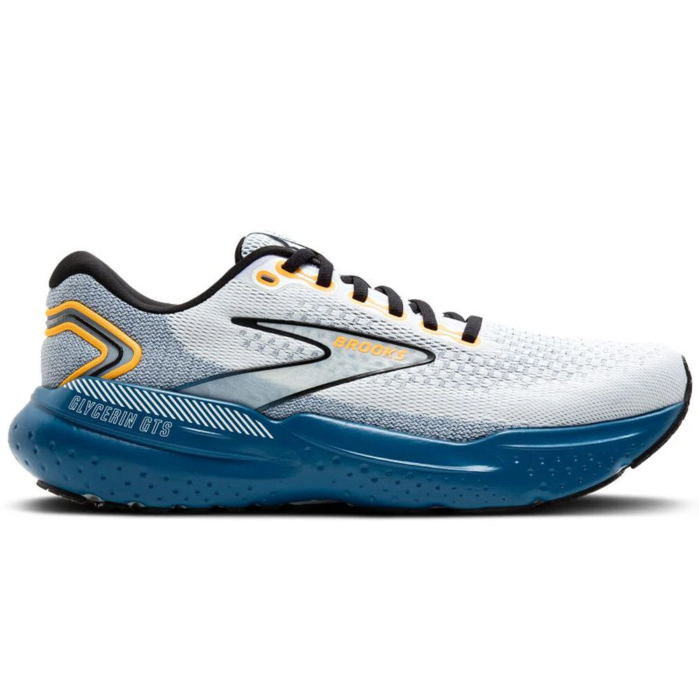 Mens Brooks Glycerin running shoe in White and Sapphire and Orange, Medium (Regular) width
