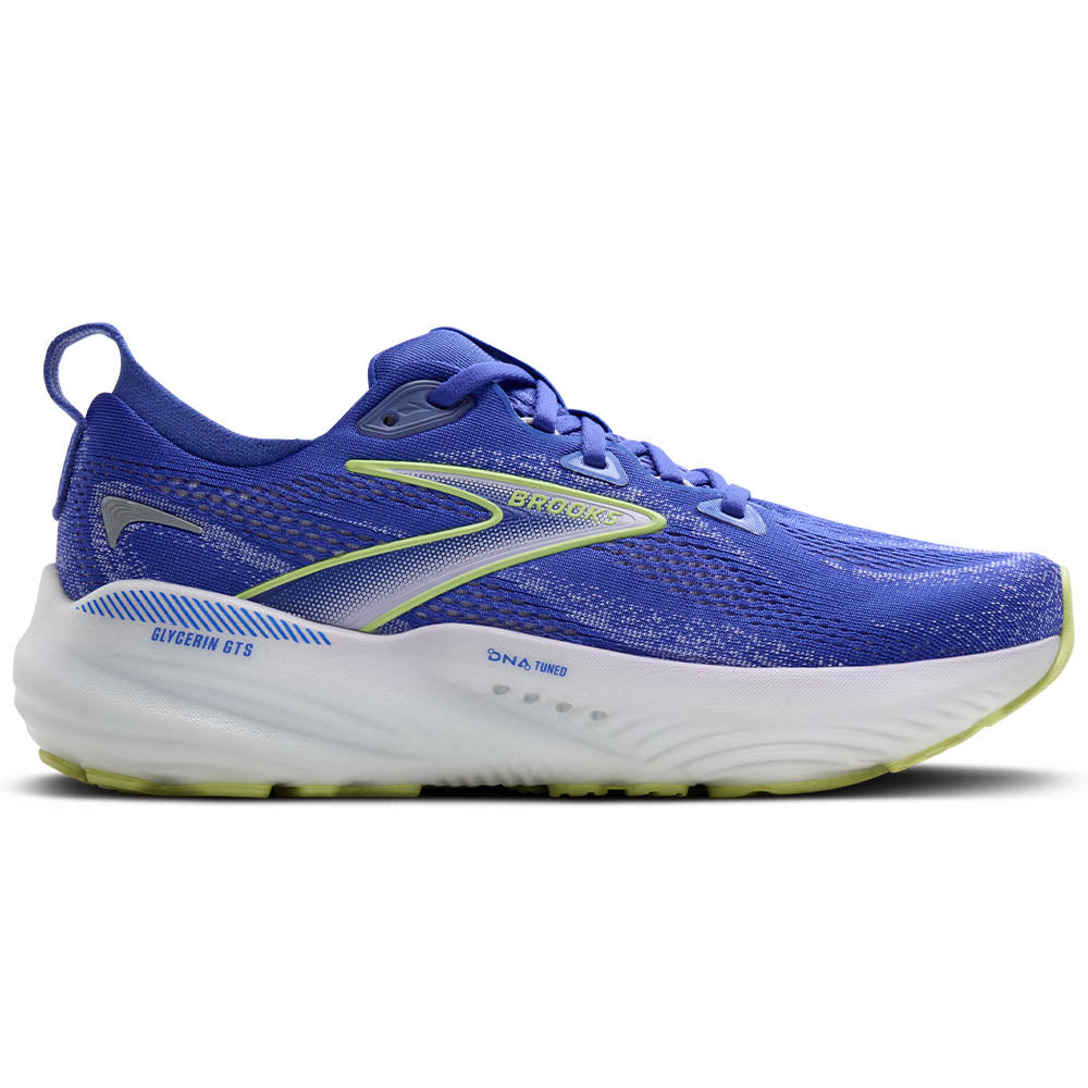 Side view on white background of Womens Brooks Glycerin running shoe in Amparo Blue/Hyper Iris/Yellow, Medium (Regular) width