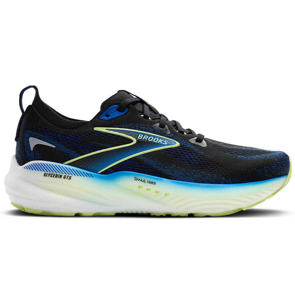 Side view on white background of Mens Brooks Glycerin running shoe in Black/Cobalt/Neo Yellow, Medium (Regular) width
