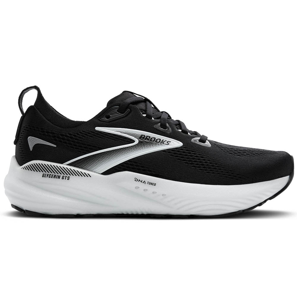 Side view on white background of Mens Brooks Glycerin running shoe in Black/Grey/White, Medium (Regular) width