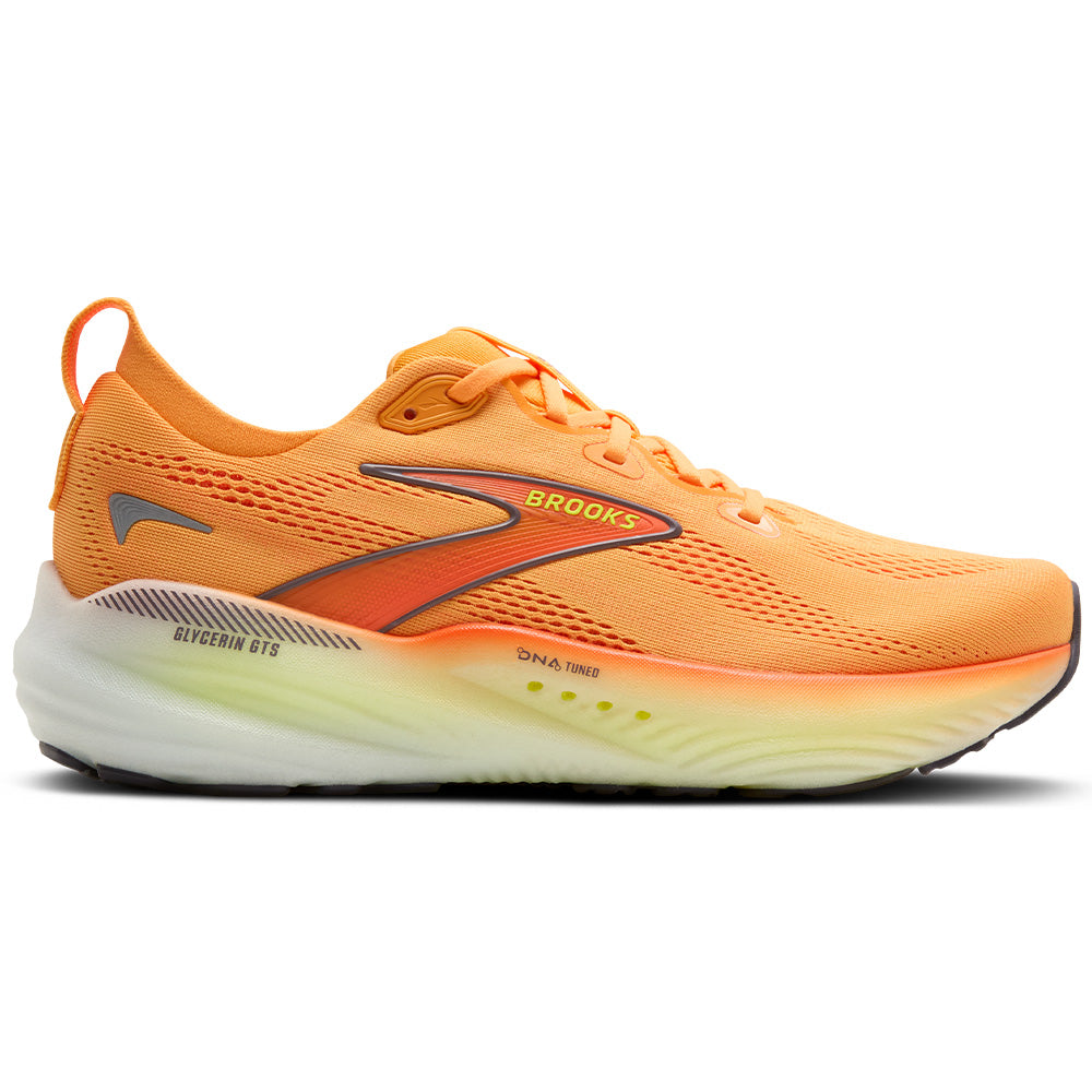 Side view on white background of Mens Brooks Glycerin running shoe in Orange/Nightlife/White, Medium (Regular) width