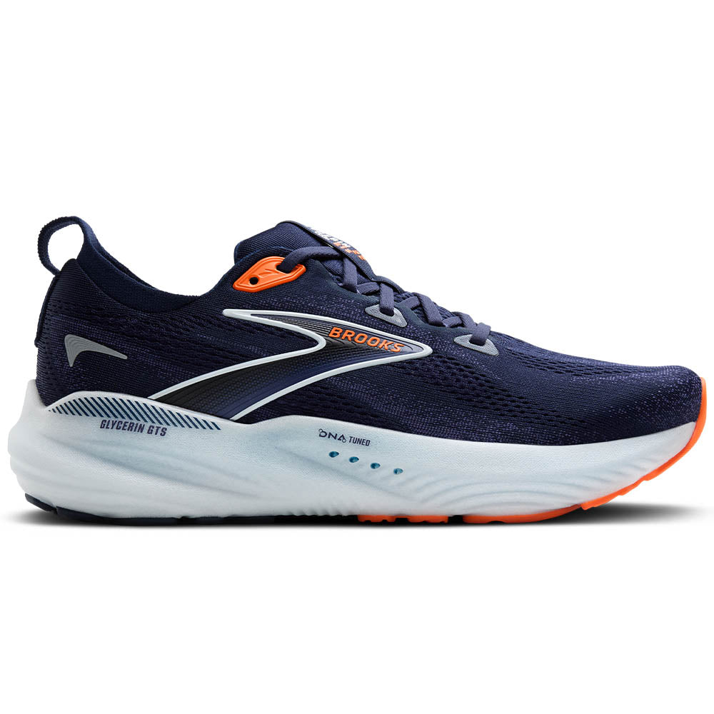 Side view on white background of Mens Brooks Glycerin running shoe in Peacoat/Blue Ribbon/Orange, Medium (Regular) width