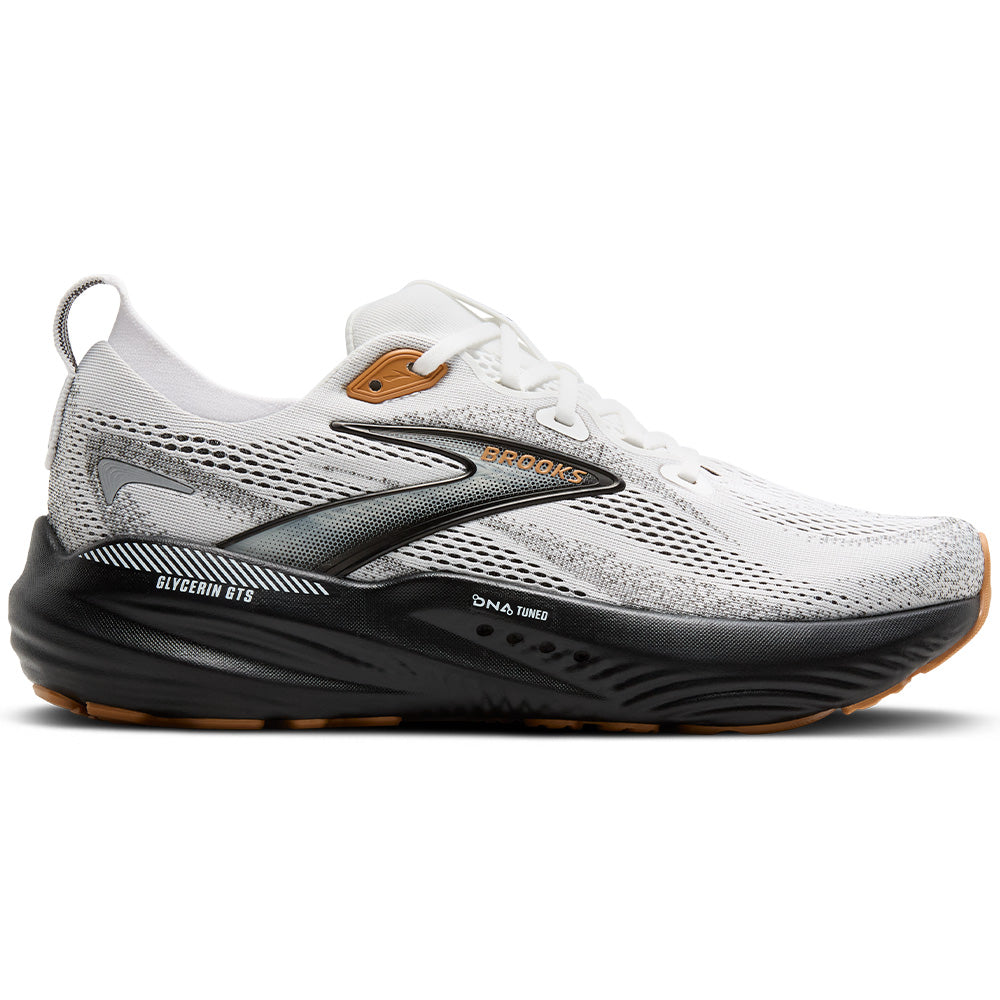 Side view on white background of Mens Brooks Glycerin running shoe in White/Grey/Black, Medium (Regular) width