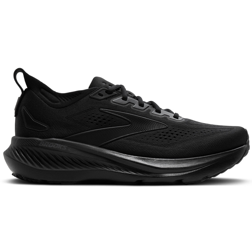 Side view on white background of Mens Brooks Glycerin running shoe in Black/Black/Ebony, Wide width