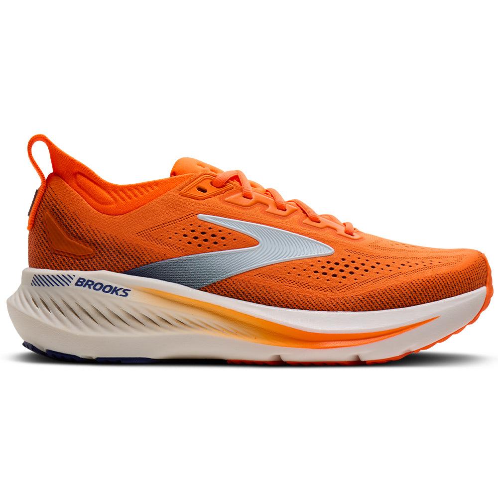 Side view on white background of Mens Brooks Glycerin running shoe in Shocking Orange/Blue/White, Medium (Regular) width
