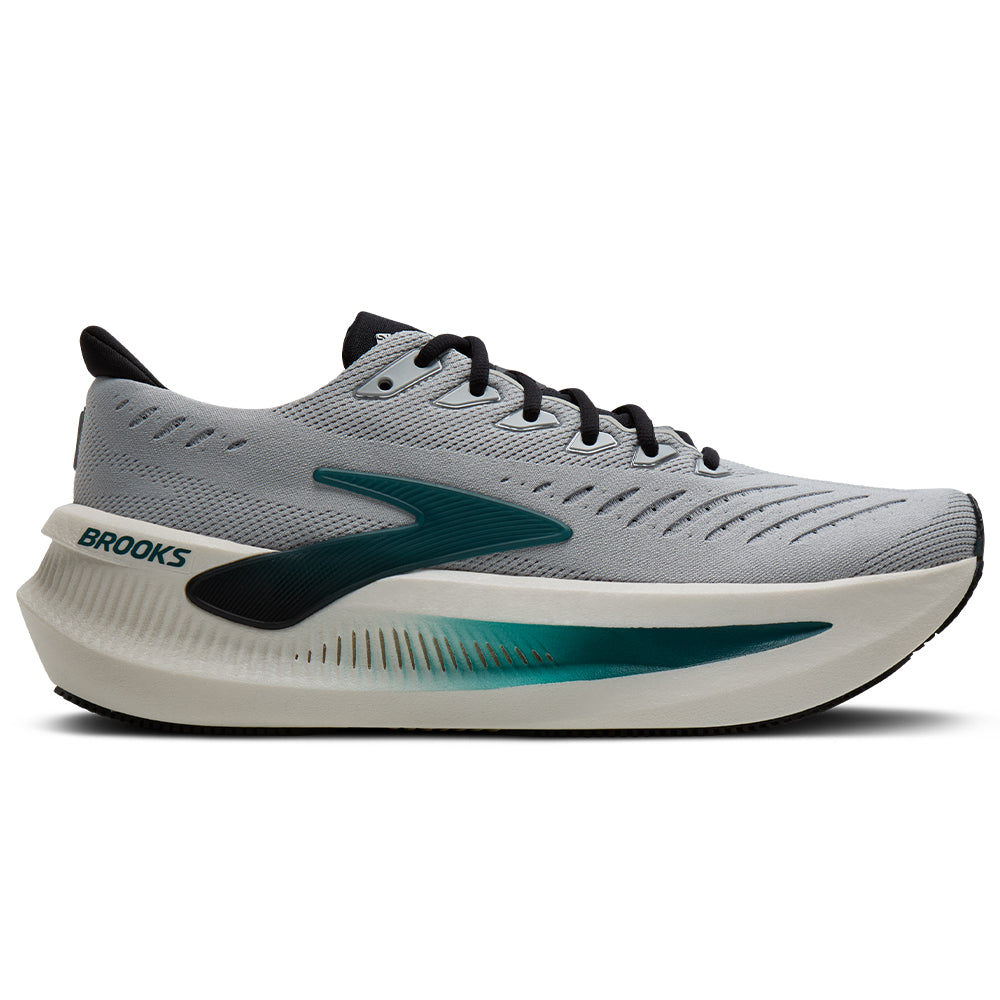 Side view on white background of Mens Brooks Glycerin running shoe in Mist/Atlantic Deep/Coconut, Medium (Regular) width