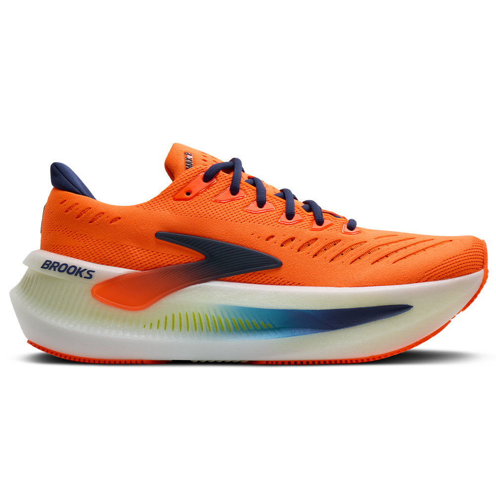 Side view on white background of Mens Brooks Glycerin running shoe in Orange/Beacon Blue/Nightlife, Medium (Regular) width