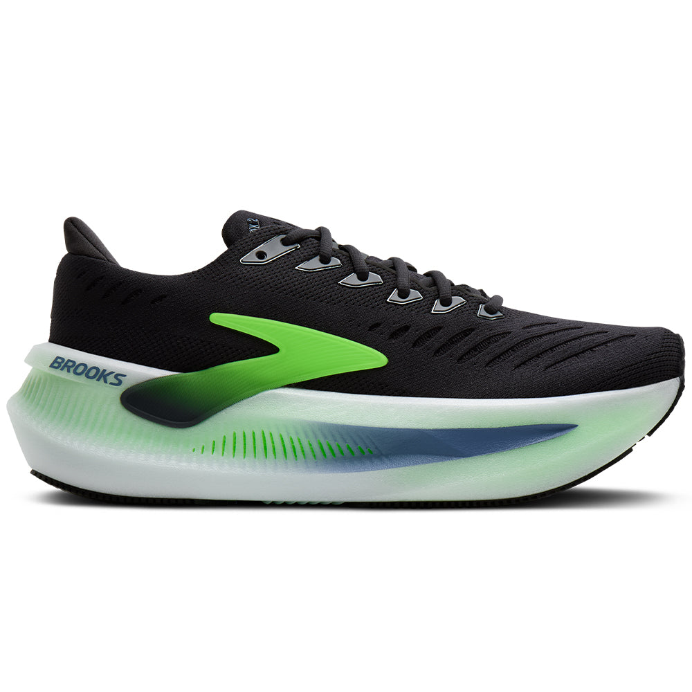 Side view on white background of Mens Brooks Glycerin running shoe in Phantom/White/Green Gecko, Medium (Regular) width