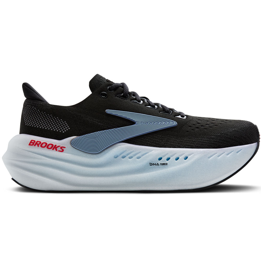 Side view on white background of Mens Brooks Glycerin running shoe in Black/Ebony/Winter Sky, Medium (Regular) width