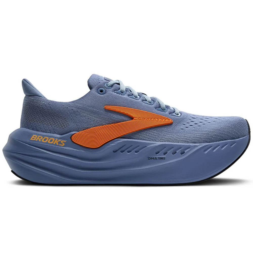 Side view on white background of Mens Brooks Glycerin running shoe in Country Blue/Sky/Orange, Medium (Regular) width
