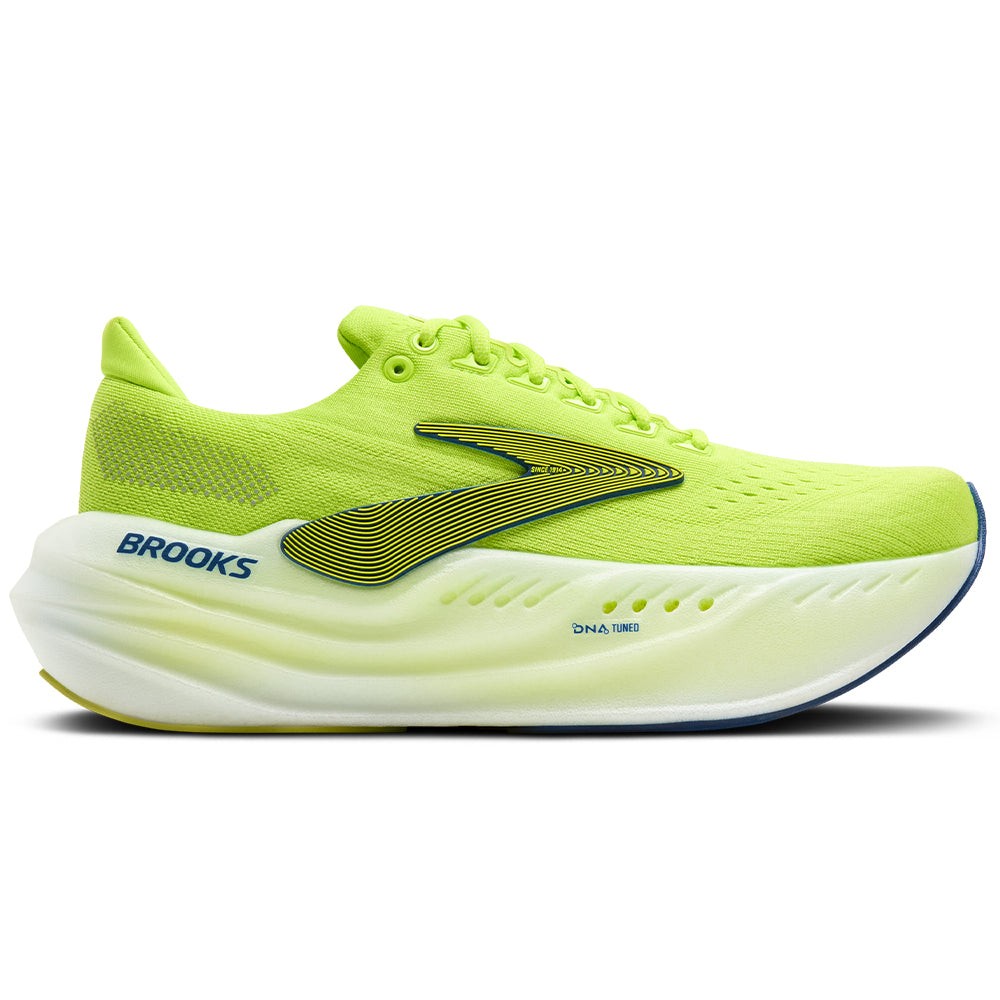 Side view on white background of Mens Brooks Glycerin Max running shoe in Lime/Navy Peony/White, Medium (Regular) width