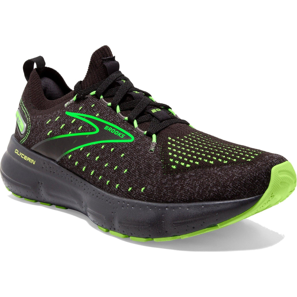Men's Brooks Glycerin StealthFit 20, Black/Pearl/Green Gecko, 10.5 D M