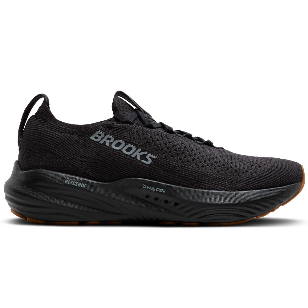 Side view on white background of Mens Brooks Glycerin running shoe in Black/Black, Medium (Regular) width