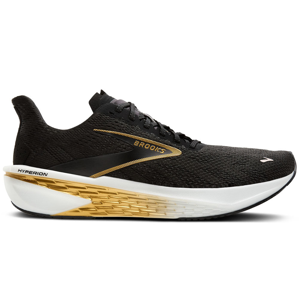 Side view on white background of Mens Brooks Hyperion running shoe in Black/Gold/Pink, Medium (Regular) width