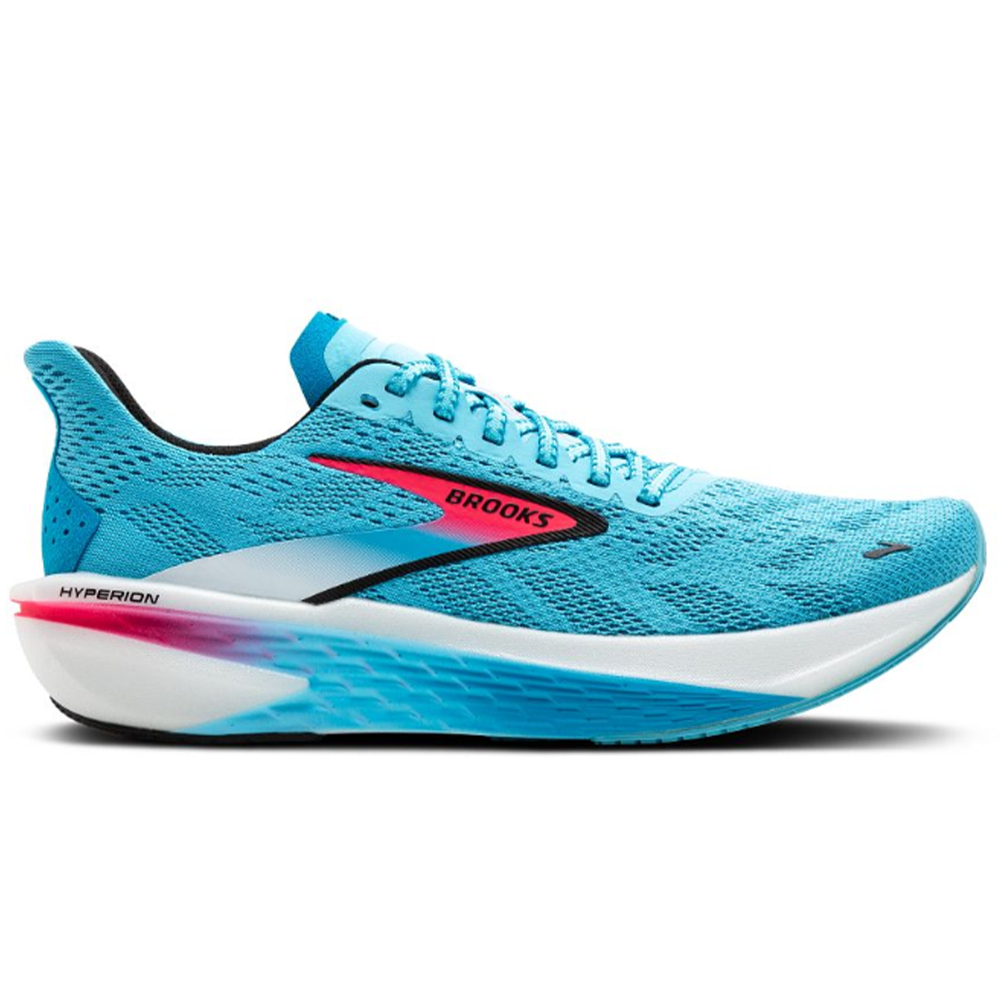 Side view on white background of Mens Brooks Hyperion running shoe in Crystal Seas/Diva Pink/Black, Medium (Regular) width