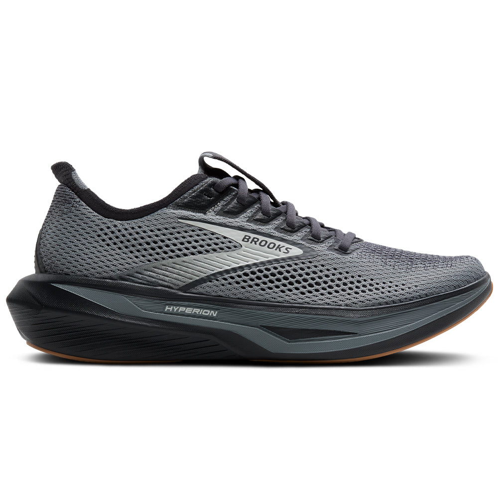 Side view on white background of Mens Brooks Hyperion running shoe in Primer/Ebony/Oyster, Medium (Regular) width