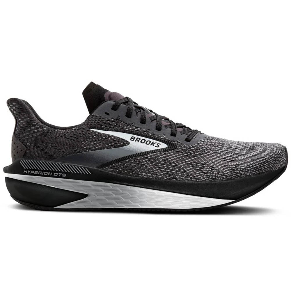 Side view on white background of Mens Brooks Hyperion running shoe in Black/Ebony/Primer Gray, Medium (Regular) width
