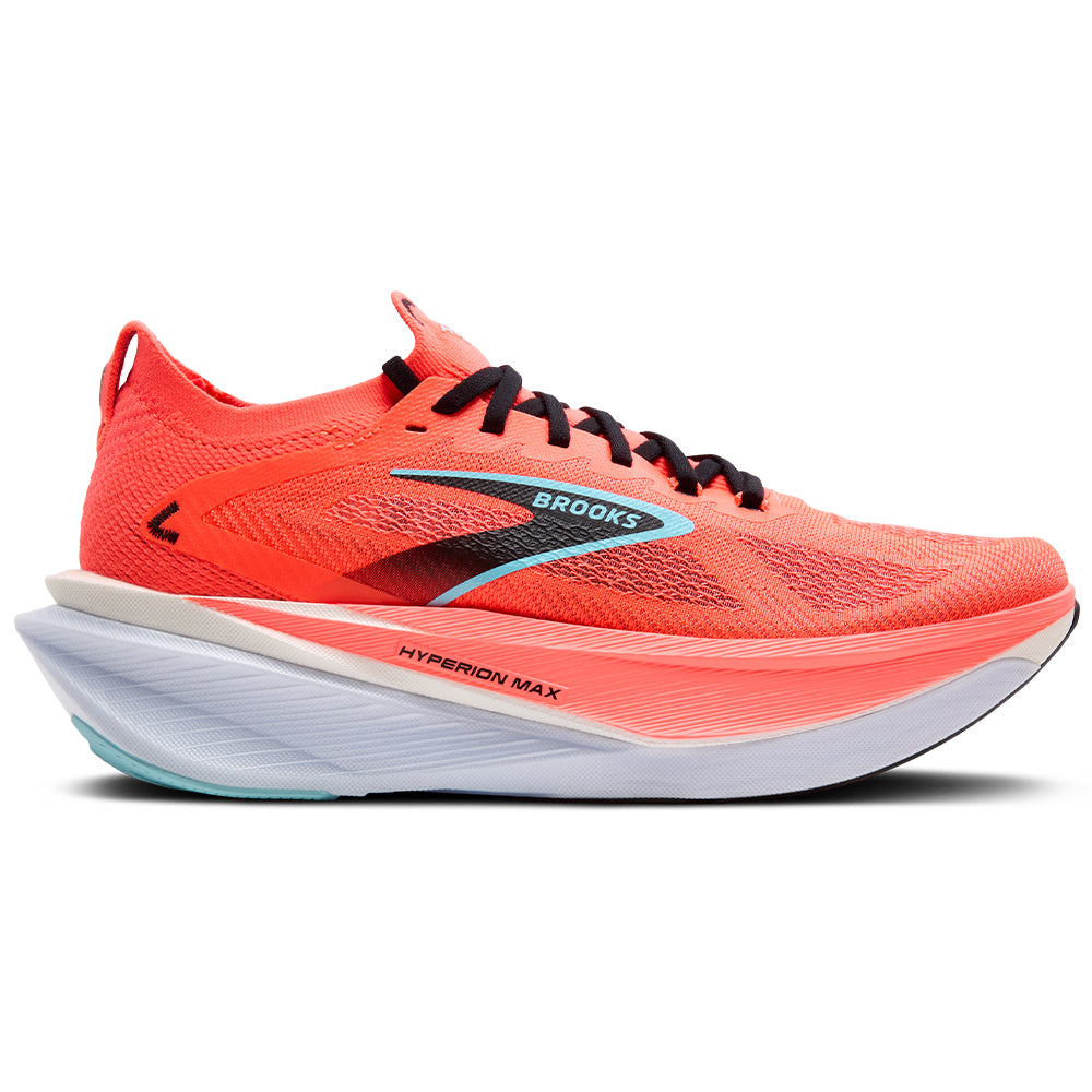 Side view on white background of Mens Brooks Hyperion running shoe in Fiery Coral/Black/Atomizer, Medium (Regular) width