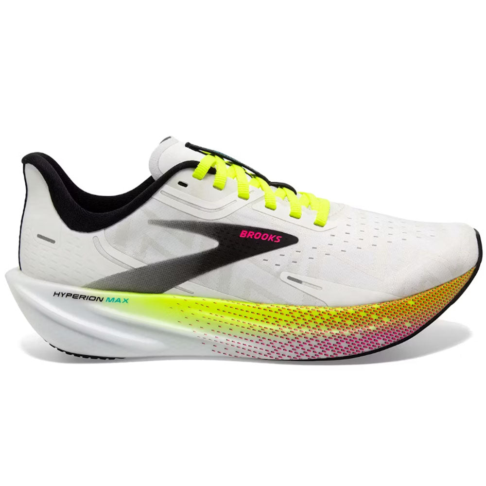 Side view on white background of Mens Brooks Hyperion running shoe in White/Black/Nightlife, Medium (Regular) width