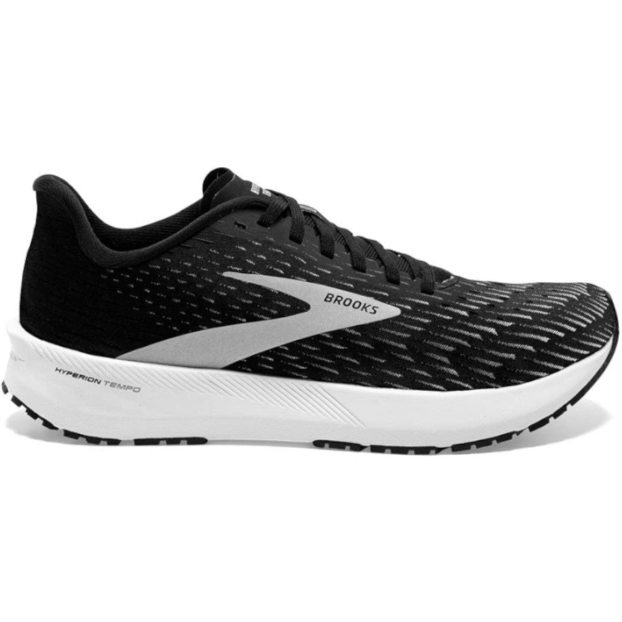 Side view on white background of Mens Brooks Hyperion running shoe in Black/Silver/White, Medium (Regular) width