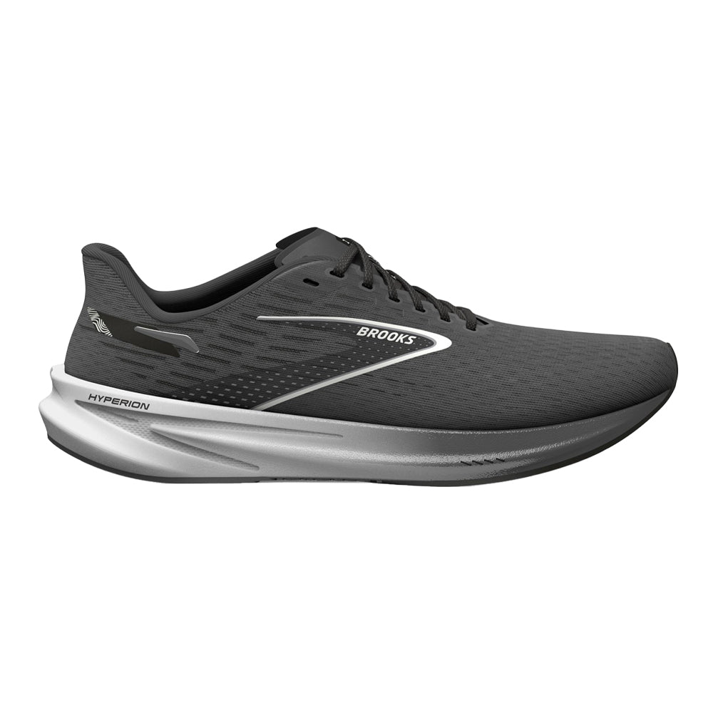 Side view on white background of Mens Brooks Hyperion running shoe in Gunmetal/Black/White, Medium (Regular) width