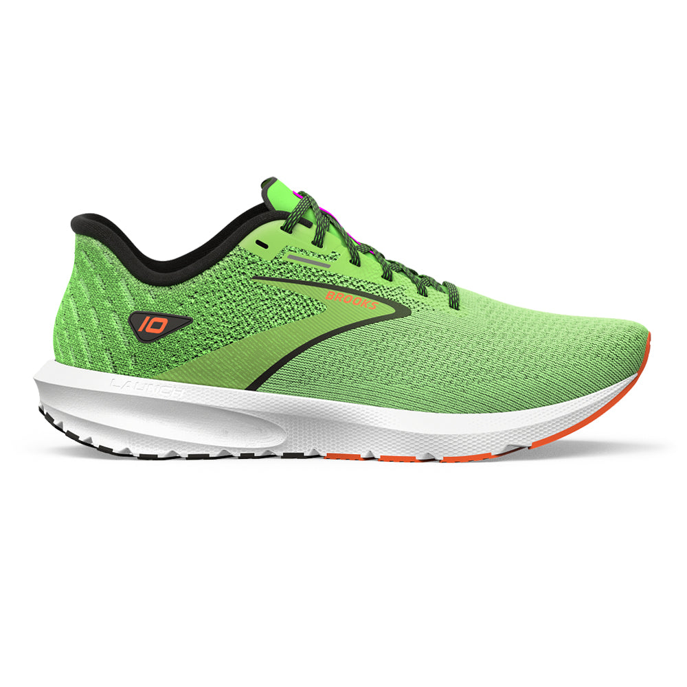 Men's Brooks Launch 10, Green Gecko/Red Orange/White, 9 D Medium