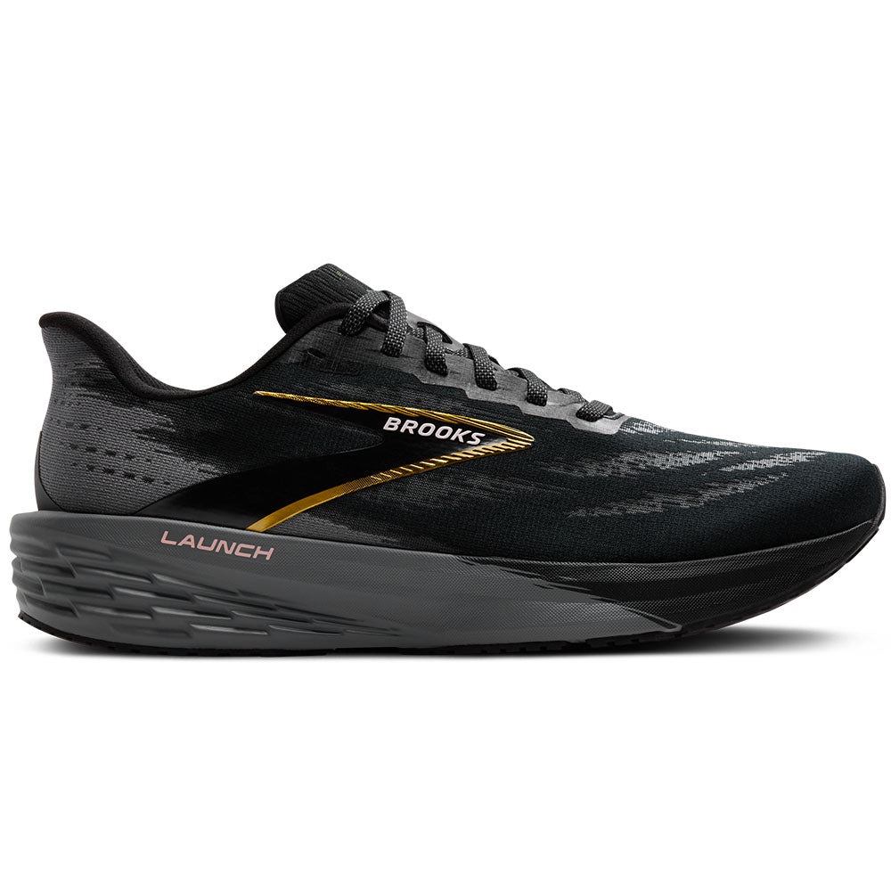 Side view on white background of Mens Brooks Launch running shoe in Black/Grey/Gold, Medium (Regular) width